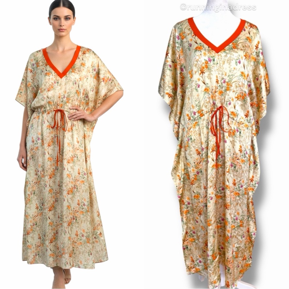 Vintage 70s Floral Tangerine Orange Satin Kaftan Boho Maxi Loungewear XS-XL O/S